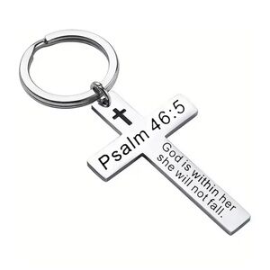 Silver Cross Keychain with Psalm 46:5 Christian gift